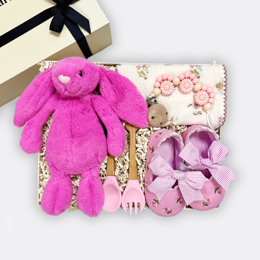 Bunny Soft Toy Cottage Chic Muslin Pacifier Clip Baby Fork Spoon Set Pink Teddy Bow Shoes, shop the best gift gifts for her for him from Inna carton online store dubai, UAE!