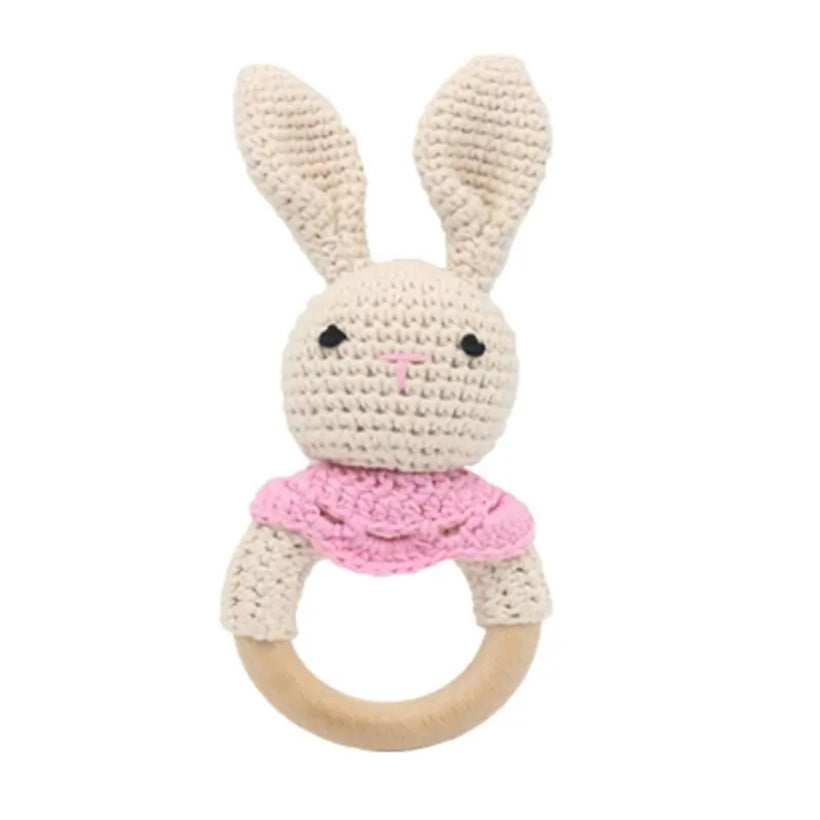 Handmade crochet baby bunny natural wood teething ring, shop the best gift gifts for her for him from Inna carton online store dubai, UAE!