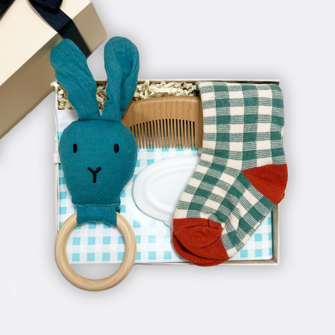 Bunny Rattle Wipe Pouch Wooden Comb Baby Carreaux Socks, shop the best gift gifts for her for him from Inna carton online store dubai, UAE!