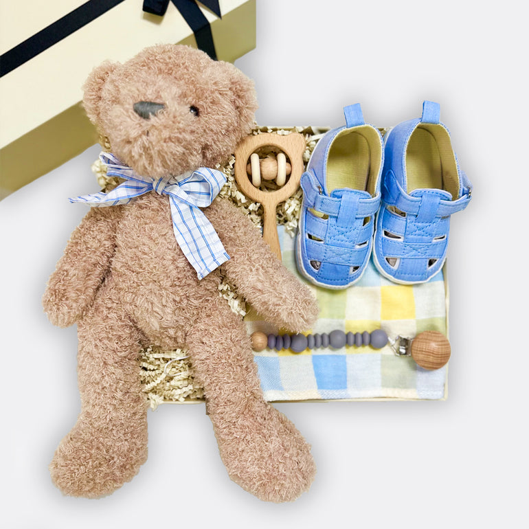 My Checky Bear Soft Toy Checkered Muslin Square | Blue Pacifier Silicone Beads | Grey Bear Rattle Denim Shoes, Fit 6-12 months, shop the best gift gifts for her for him from Inna carton online store dubai, UAE!