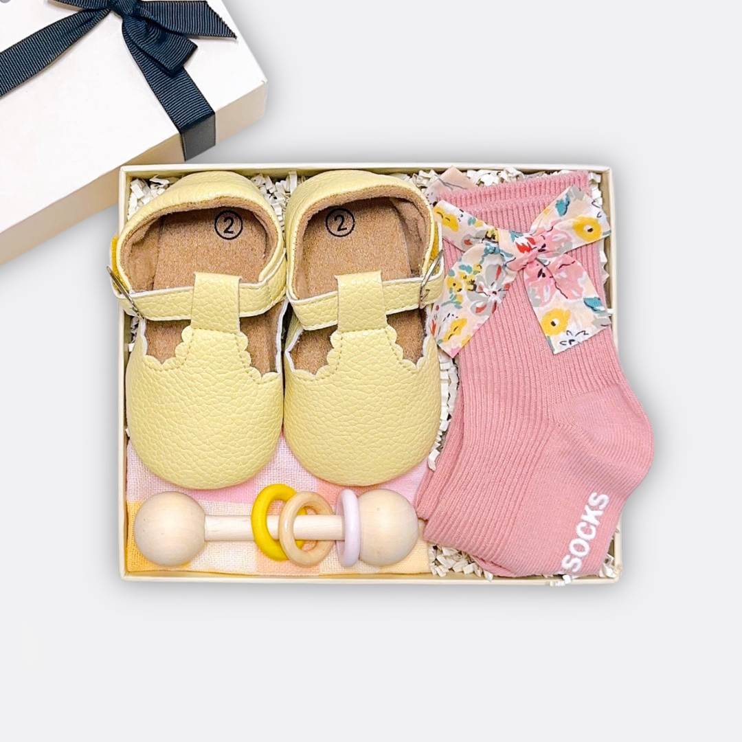 Baby T Shoes Checkered Muslin Square Wooden Rattle Liberty Socks, the best customize gift and gifts for her and for him from Inna Carton online shop Dubai, UAE!