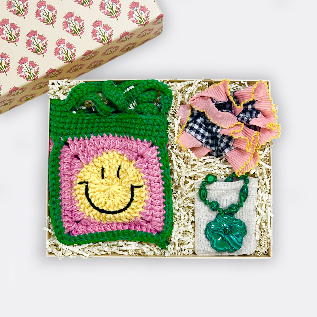Smiley Satchel Bloom Necklace | Malachite Green Knitted Hair Scrunchy | Yellow, shop the best gift gifts for her for him from Inna carton online store dubai, UAE!